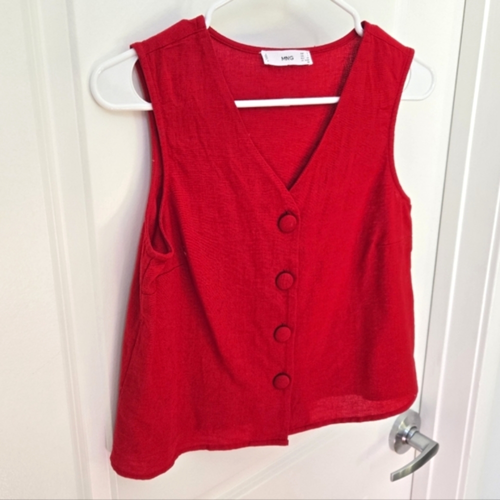 Mango Red Cropped Button-Front Sleeveless Cotton-Linen Vest Blouse Sz 4 - Picture 1 of 11